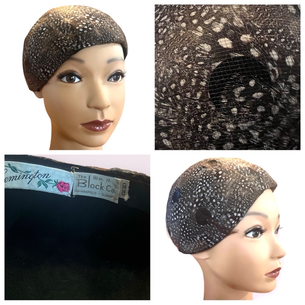 Lemington Vintage Cloque Hat- Feather, Netting & Sequin Disks, The Block Co. - Picture 2 of 9